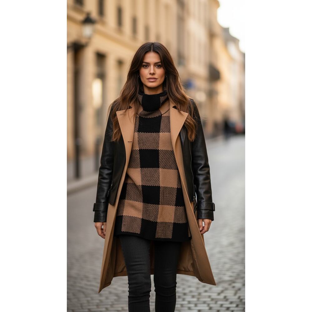 Tahari Camel Black Buffalo Check Wool Blend Turtleneck Tunic L